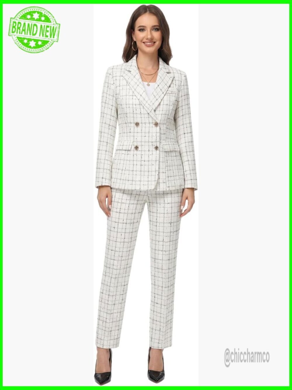Tweed Blazer & Pants Set Double Breasted Plaid Suit Set